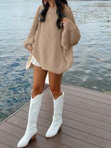 女士宽松纯色长袖粗针织毛衣，圆领厚实保暖秋冬可爱套头毛衣，适合日常休闲穿着，秋季、冬季 - 卡其色 - 查看 2