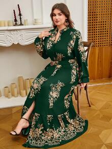 DEARCASE Plus Size Elegant Vintage Floral Print Dress Spring - Dark Green - View 6