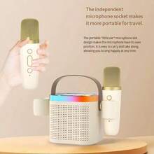 Mini aparat de karaoke cu 2 microfoane, difuzor portabil wireless, aparat de cântat, calitate clară a sunetului, lumini LED, suport inclus, potrivit pentru petreceri acasă și în aer liber, adulți, excelent și ca și cadou de ziua de naștere/Halloween/Crăciun