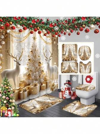 1件/4件金色圣诞鹿浴室套装 - 冬季森林主题浴室套装、带12个挂钩的浴帘、浴室垫、U型马桶垫、马桶盖、浴室隔断、浴室配件、浴室装饰