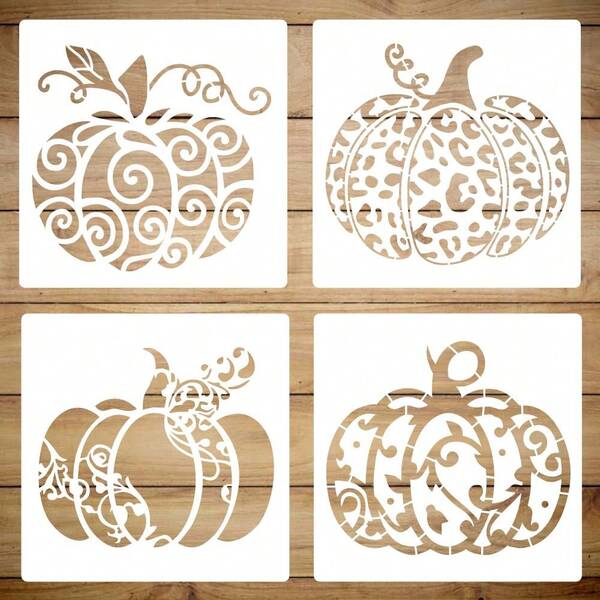 4pcs Pumpkin Art Stencils, 11.8"X11.8" Reusable Halloween & Thanksgiving DIY Painting Templates - Vine Pumpkin Designs For Fabric, Canvas And Home Decor