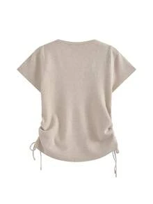 女式韩版半领抽绳针织短袖上衣，纯色 - 卡其色 - 查看 7