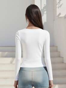 Camisas de manga larga sólidas para mujer, ajuste ceñido, cuello en V profundo, corte recortado para primavera y otoño, ropa de calle - Blanco - Ver 4