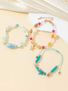 Assorted Color Seashell, Starfish Beaded Bracelet, Beach Vacation Style