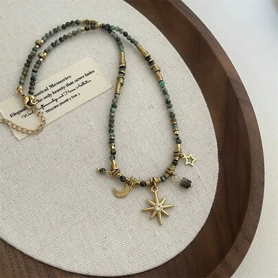 1 件复古优雅天然石串珠星星和月亮吊坠项链，适合女性节日、生日、约会、派对、舞会、度假、休闲装