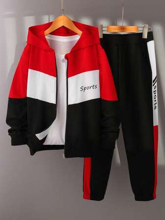 2pcs Set: Letter Print Hooded Zip-Up Jacket And Printed Pants, Suitable For 7-11 Years Old, Sports, Casual, Outdoor Activities, Student Personalized