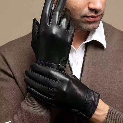 1 Pair Men's Leather Gloves, Fashionable Warm Touchscreen Windproof Lining Gloves For Driving & Cycling Fall