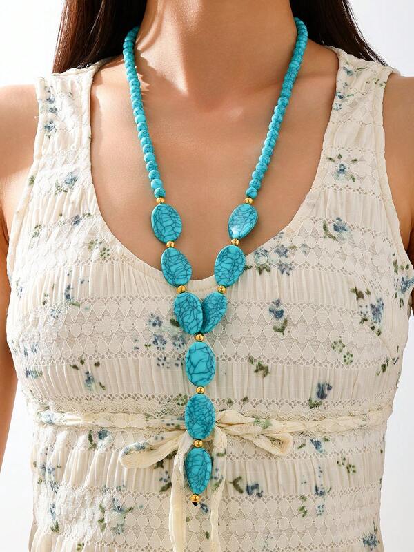 Vintage Bohemian Style 8mm Turquoise Beaded Necklace With Water Drop Pendant, Sweater Chain