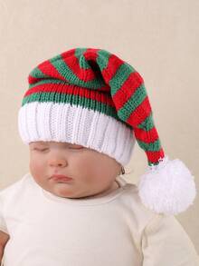 1 pieza Gorro de Navidad con rayas rojas y verdes para niños y niñas para usar a diario y en Navidad; Gorro de Navidad para niños; Gorro de Navidad para bebés