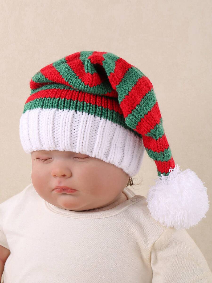 1 pieza Gorro de Navidad con rayas rojas y verdes para niños y niñas para usar a diario y en Navidad; Gorro de Navidad para niños; Gorro de Navidad para bebés