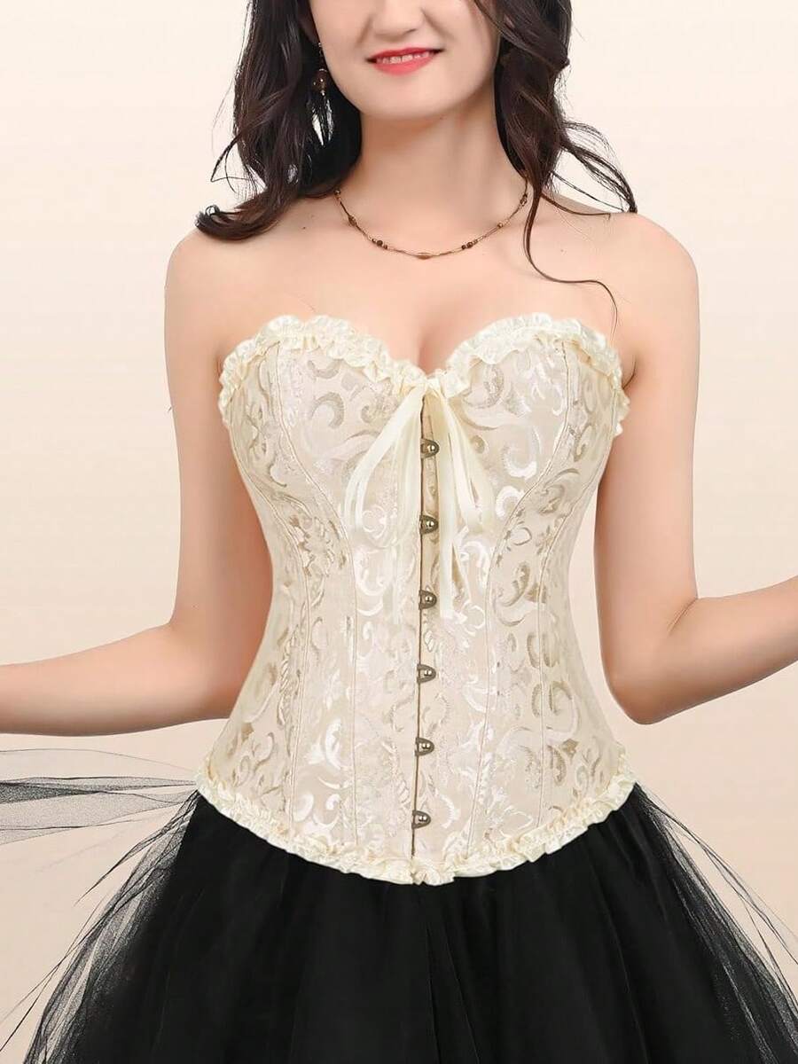Lacing Corset For Women Lace Boned Overbust Body Shaper Bustier Sexy Satin Black White Brocade Lingeries Shapewear Top Plus Size S-6XL Beige - 米色 - 查看 1