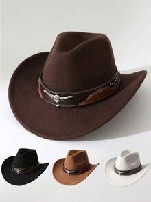 A Classic Western Cowboy Hat For Both Men And Women, A Fashionable Wide-Brimmed, Form-Fitting Top Hat With Silver Metal Buckles, Made Of Polyester, Suitable For Both Men And Women, Perfect For Casual Daily Wear, Outdoor Activities, Horseback Riding, And Party Stage Performances