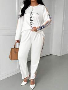 Bộ đồ nữ cỡ lớn in họa tiết kẻ ô chữ, kiểu dáng thường ngày và thời trang, rộng rãi, thích hợp cho mùa xuân và thu. Bộ đồ nữ kẻ sọc tương phản, túi hai bên, dây rút, phù hợp công sở, đi biển, màu trắng thanh lịch. - trắng - Xem 6