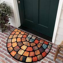 1pc Semicircle Vintage Stone Pattern Entrance Mat, Dust-Proof Anti-Slip Welcome Doormat, Water-Washable Crystal Velvet Material - Multicolor - View 2