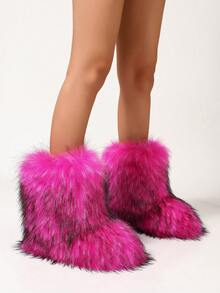 Women's Faux Fur Boots, Fluffy Round Toe Suede Winter Warm Comfortable Flat Ankle Boots For Indoor And Outdoor - Hot Pink - View 4