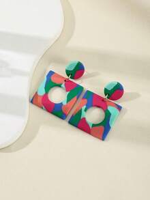 Bohemian Personalized Exaggerated Geometric Circle Earrings Fashion Colorful Printing Contrast Color Clay Earrings For Female Vacation Accessories