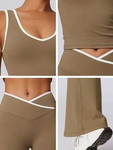 NcmRyu 1 Set Women's High Elasticity Contrast Color V-Neck Waist Slimming Tank Top And Leggings Sexy Butt Lifting Fitness Outfit Summer - 棕色 - 查看 3