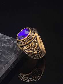 高品质手工18K镀金男士316不锈钢蓝宝石毕业戒指 - 藍色 - 查看 7