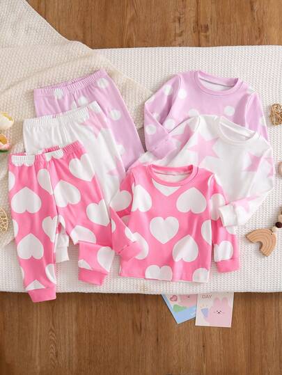 6-Piece Cute And Sweet Baby Home Set, Paired With Star And Heart Polka Dot Pattern Round Neck Long Sleeved Pants Set, Creates A Comfortable And Soft Look, Perfect For Daily Wear In Spring, Autumn And Winter. It Can Also Be Used As A Gift For Babies