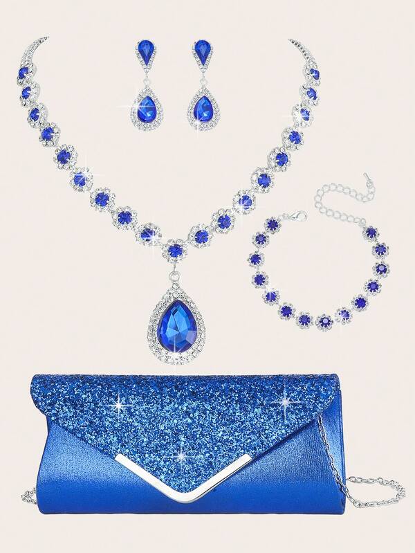 4-Piece Rhinestone Jewelry Set Golden Shiny Necklace Earrings Bracelet Set Women's Evening Dress Clutch Bag Bridal Wedding Shell Elegant Envelope Bag Women's Ball With Detachable Metal Chain Wedding And Party Women's Shoulder Bag Women's Bag Women's Handbag Multi-Functional Glitter Handbag Cocktail Party Wedding New Wallet Banquet Bag