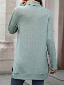 Womens Knit Tops Fall Long Sleeve Turtleneck Solid Color Slit Hem Casual Pullover Sweater - Green - View 6