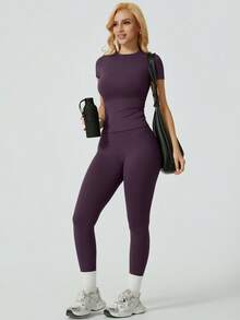 NcmRyu Women's Solid Color Minimalist Casual Sports Set Summer - 紫色 - 查看 6