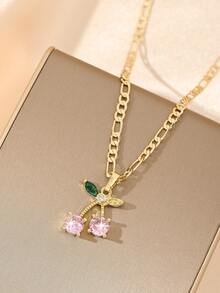 1 Exquisite And Elegant Shiny Small Red Cherry & Large Pink Cherry Copper Pendant Copper Inlaid Zirconia Necklace, Suitable For Giving To Girls/Boys/Family/Friends/Versatile/Light Luxury/Party/Banquet/Festival/Christmas/Thanksgiving/Halloween/Gift