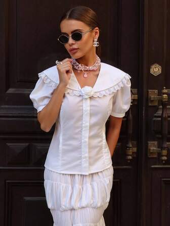 QIANZHIDU 纯白色蕾丝荷叶边下摆女式衬衫 生日女装 音乐节服装 乡村音乐会服装 休闲外出 办公室服装 返校服装 休闲女装 优雅女装 复古衬衫 女士高档服装 女士教师服装 可爱