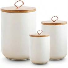 3-Piece Ceramic Kitchen Canister Set With Wooden Lids, Airtight Food Storage Containers For Countertop Organization, Pantry Jar For Coffee, Flour, Sugar, Cereal, Spices - White - View 1