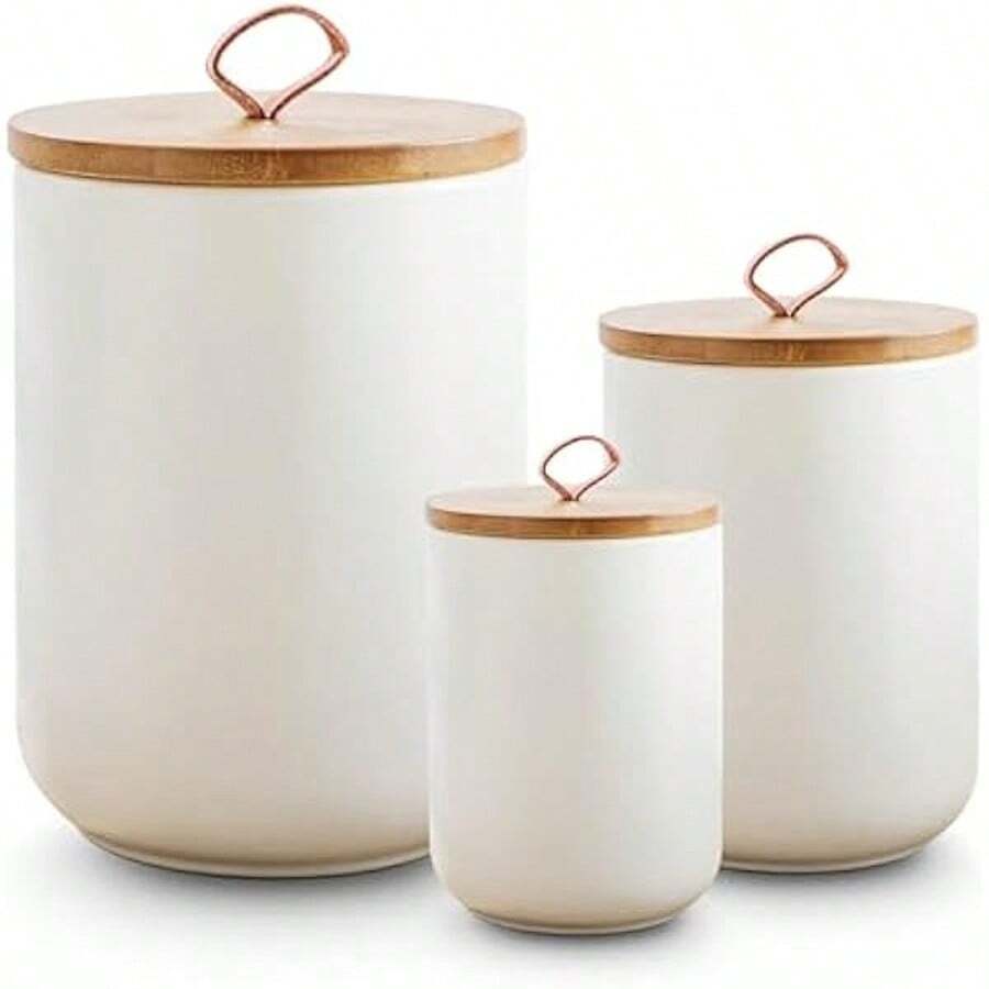 3-Piece Ceramic Kitchen Canister Set With Wooden Lids, Airtight Food Storage Containers For Countertop Organization, Pantry Jar For Coffee, Flour, Sugar, Cereal, Spices - White - View 1