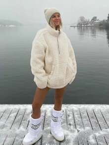 Women's Fashionable Fluffy High Neck Zip Pocket Design Loose Casual Sweatshirt, Autumn/Winter