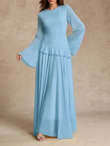 Women's Elegant Ruffle Trim Tie-Waist Flare Sleeve Dress, Spring/Summer - Baby Blue - View 7