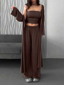 Women 3 Piece Lounge Set With Long Cardigan Coat Sleeveless Tube Top And Wide Leg Pants Matching Outfit Fall Winter Travel Airport Casual Streetwear Loungewear Set - 咖啡棕 - 查看 5