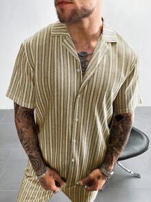 INS 风格男士两件套波西米亚钩针针织衬衫和短裤，多色条纹提花纹理套装，适合海滩度假音乐节夏威夷度假装，送给他的礼物，老钱度假装，舒适服装