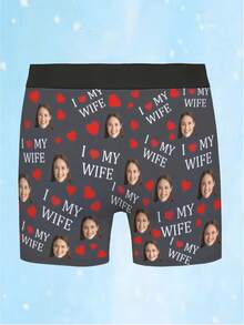 1pc Customized "I Love My Wife" & Skull Photo Print Men's Underwear, Casual Boxer Briefs, Breathable Stretchy Boxer Shorts As Husband/Boyfriend Holiday/Valentine's Day Gift - Grey - View 3