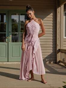 Women's Ruffle Halter Dress Sleeveless Solid Color Long Flowy Dress Summer A-Line Dress - Mauve Purple - View 3