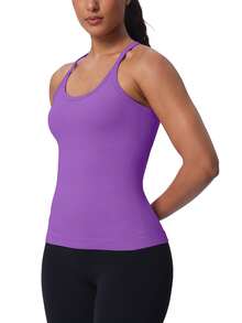 Workout Tank Tops For Women Built In Shelf Bras Padded -Racerback Athletic Tank Tops Ribbed Yoga Shirts - 紫色02 - 查看 3