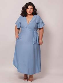 Women's Social Plus Size Midi Dress With Bow At The Waist Plain Short Sleeve Round Evangelical For Church Congress, Godmother And Wedding! - Màu xanh nhạt - Xem 2