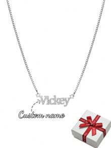 Custom Shiny Matte Name Necklace With Box Chain; Personalized Charming Sandblasted English Letter Name Necklace With Star Coil; Stainless Steel Creative Handmade Minimalist Cursive Letter Name Pendant, Suitable For Family Holiday Wear; Her Favorite Birthday Gift, Valentine's Day Gift, Christmas Gift, Mother's Day Gift. - Silver - View 19