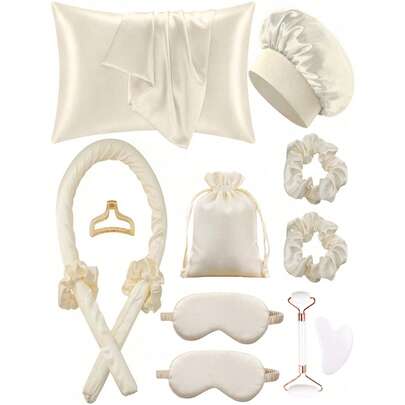12pcs Sleep & Hair Care Tool Set, Includes Curling Iron, 1pc Silk Pillowcase (Queen Size For Hair & Skin), Heatless Curling Set, Overnight Curling Rods, 1pc Soft Sleep Mask, 1pc Silk Sleep Cap, Sleep Essentials Set, Women Hair Accessories