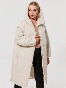 Astrid Plus Size Hooded Long Winter Coat Contrast Teddy Fleece Fur Patchwork Quilted Women Winter Clothes Casual Zip-Up Padded Coat - Beige - View 10