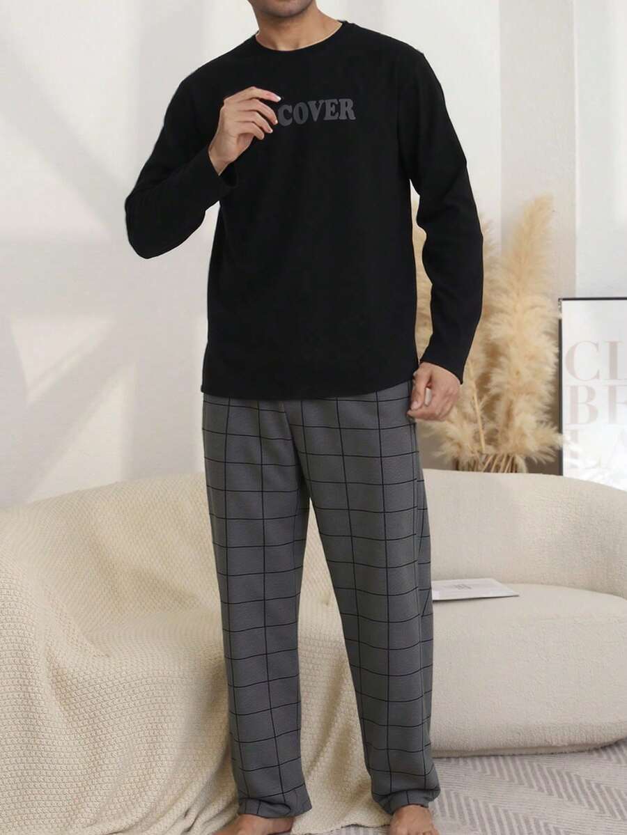 2pcs Men's Casual Sleepwear Set, Thin Round Neck Letter & Plaid Print Long Sleeve Top And Pants, Comfortable And Simple Spring/Autumn Loungewear, Winter Clothes - Multicolor - View 1