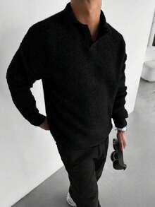 ANDREILEE 男士休闲宽松通勤简约纯色百搭V领Polo衫轻薄长袖针织套头衫，秋冬款 - 黑色 - 查看 2