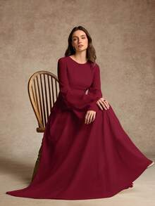 Women's Elegant Ruffle Trim Tie-Waist Flare Sleeve Dress, Spring/Summer - Burgundy - View 6