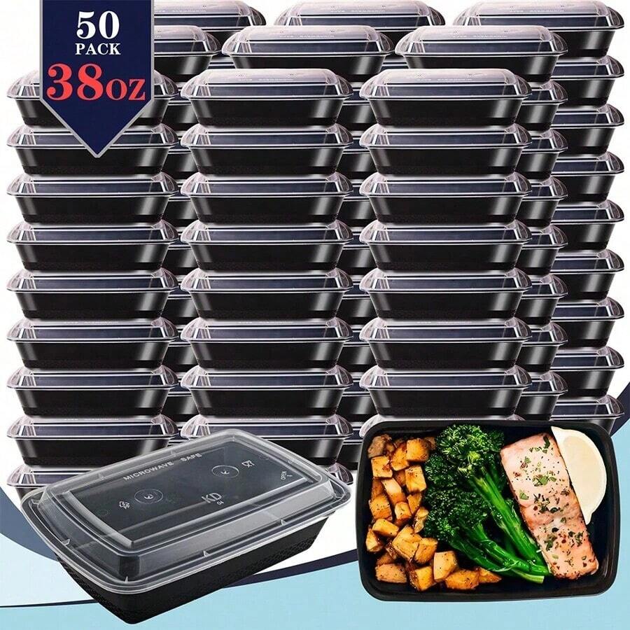 38oz 50 Pack Black Rectangular Meal Prep Containers With Lids, Food Storage Container, Disposable Plastic To Go Containers, Bento Box, Stackable, Leak-Proof, Microwave , Dishwasher , Kitchen Organizers And Storage - Black - View 1