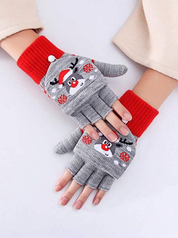 1 Paar Damen Weihnachts Fingerlose Handschuhe, Winter Halb-Finger Flip-Top gestrickte warme Touchscreen Handschuhe, süß für Studenten