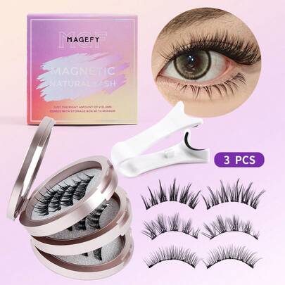 MAANGE 3对/套可重复使用的磁性假睫毛，打造自然妆效，包含1个专业睫毛夹+眉毛修剪器+双头眉刷，无需胶水，易于佩戴和卸除。