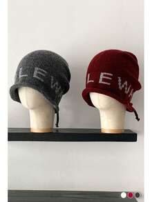 Letter Knitted Cuffed Beanie Hat For Women, Autumn/Winter, Fashionable, Face-Slimming, Large Head Circumference, Cold-Proof, Simple, Versatile, Ear-Warming, Knitted Hat With Plaid Ruffle, Grey - Multicolor - View 2