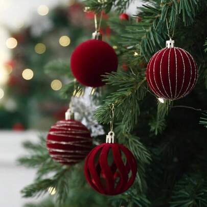 12pcs-Velvet Glitter Christmas Ball Ornaments, Velvet Christmas Tree Ornaments, Shatterproof Christmas Ball Ornaments, Burgundy Xmas Balls Set For Holiday Wedding Christmas Party Decor, Christmas Hanging Ornaments,Christmas Decoration For Home, New Year, Christmas Gift