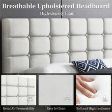 Butterslay Upholstered Platform Bed Frame Linen Fabric Adjustable Tufted Headboard 12 Wooden Slats 750/800lb Capacity 6" Under-Bed Space Queen/Full, Navy Blue/Dark Gray/Beige - 米色 - 查看 3